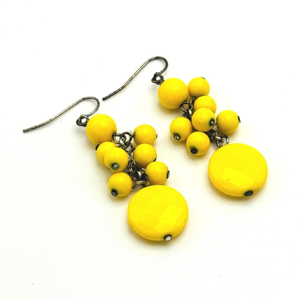 Vintage Yellow Beaded Cluster Dangle Earrings Retro Statement Summer Boho Chic